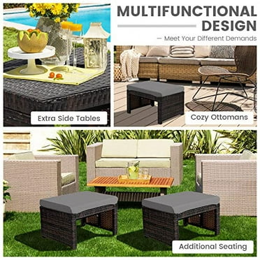 RELAX4LIFE 2-Piece Wicker Outdoor Ottoman - Wicker Ottoman Footstool Footrest for Patio with Soft Cushions, Outdoor Pouf for Garden, Poolside and Backyard (Grey)