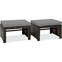 RELAX4LIFE 2-Piece Wicker Outdoor Ottoman, Rattan Footrest Set of 2 with Removable Cushions, 3-in-1 Foot Stool, Side Table & Additional Seating, Outdoor Footstools for Patio Backyard (Grey)