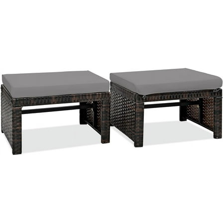 RELAX4LIFE 2-Piece Wicker Outdoor Ottoman, Rattan Footrest Set of 2 with Removable Cushions, 3-in-1 Foot Stool, Side Table & Additional Seating, Outdoor Footstools for Patio Backyard (Grey)