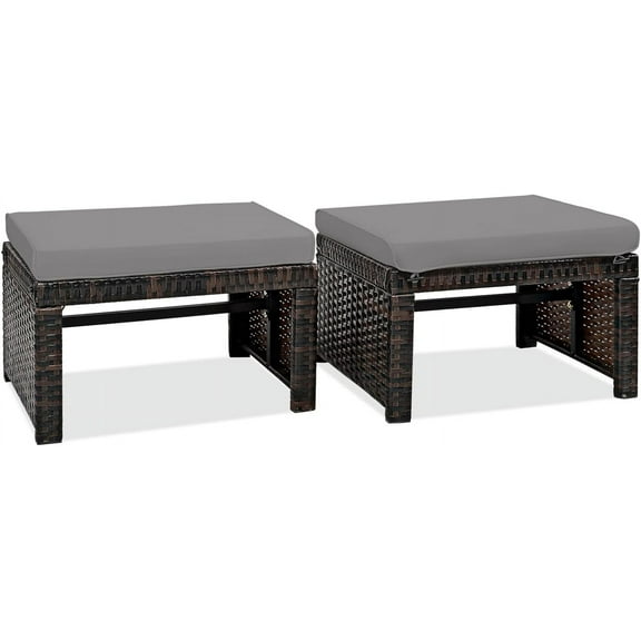 RELAX4LIFE 2-Piece Wicker Outdoor Ottoman, Rattan Footrest Set of 2 with Removable Cushions, 3-in-1 Foot Stool, Side Table & Additional Seating, Outdoor Footstools for Patio Backyard (Grey)