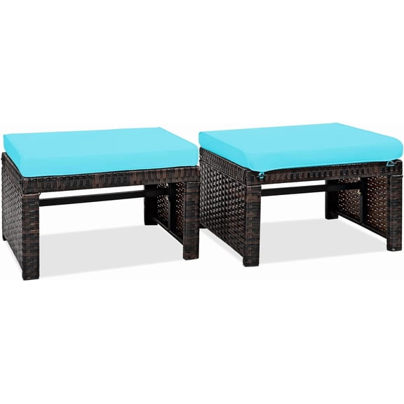 RELAX4LIFE 2-Piece Wicker Outdoor Ottoman, Rattan Footrest Set of 2 with Removable Cushions, 3-in-1 Foot Stool, Side Table & Additional Seating, Outdoor Footstools for Patio Backyard (Turquoise)