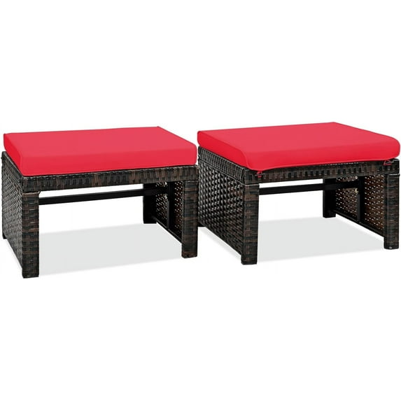 RELAX4LIFE 2-Piece Wicker Outdoor Ottoman, Rattan Footrest Set of 2 with Removable Cushions, 3-in-1 Foot Stool, Side Table & Additional Seating, Outdoor Footstools for Patio Backyard (Red)