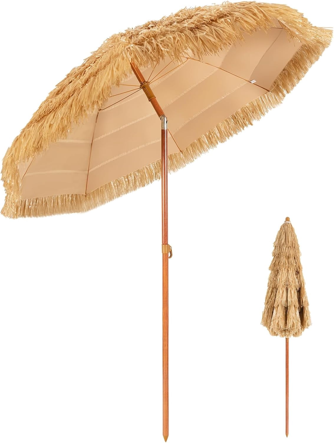 Resenkos 6.5 Feet Portable Thatched Tiki Beach Umbrella with Adjustable Tilt, Patio Offset Umbrella with Easy Tilt Adjustment, Outdoor Hanging Umbrella, Sunshade Umbrella Canopy