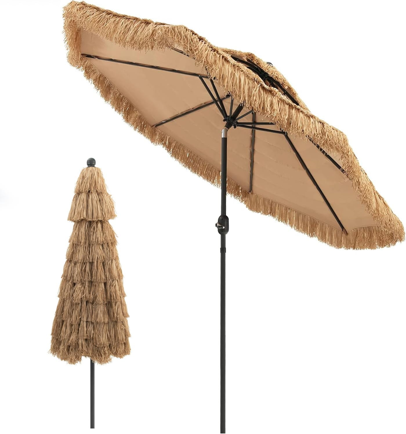 RELAX4LIFE 9FT Thatched Tiki Patio Umbrella - 2-Tier Hawaiian Hula Style Beach Umbrella w/8 Ribs, Tilt Adjustment & Crank Lift, Straw Grass Pool Umbrellas, Tropical Palapa Tiki Umbrella Outdoor Patio
