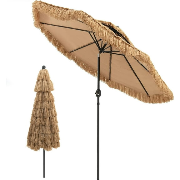 RELAX4LIFE 9FT Thatched Tiki Patio Umbrella - 2-Tier Hawaiian Hula Style Beach Umbrella w/8 Ribs, Tilt Adjustment & Crank Lift, Straw Grass Pool Umbrellas, Tropical Palapa Tiki Umbrella Outdoor Patio