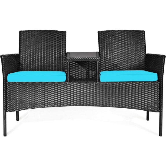RELAX4LIFE Conversation Furniture Set with Table and Two Removable Cushions Rattan Wicker Chairs and Table Set for Patio,Garden, Baloney and Lawn Outdoor Porch Furniture Sets Loveseat (Black+Blue)