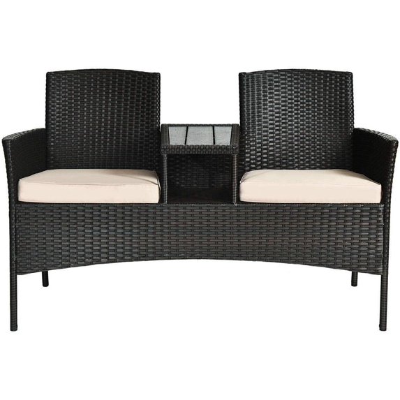 RELAX4LIFE Conversation Furniture Set with Table and Two Removable Cushions Rattan Wicker Chairs and Table Set for Patio,Garden, Baloney and Lawn Outdoor Porch Furniture Sets Loveseat(Brown+Beige)