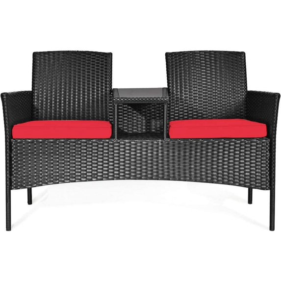 RELAX4LIFE Conversation Furniture Set with Table and Two Removable Cushions Rattan Wicker Chairs and Table Set for Patio,Garden, Baloney and Lawn Outdoor Porch Furniture Sets Loveseat (Black+Red)