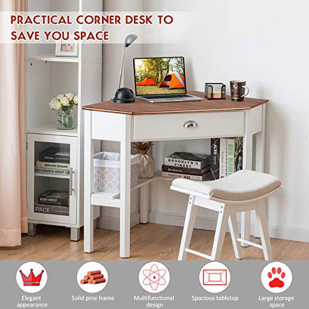RELAX4LIFE Corner Computer Desk Triangle with Drawer and Shelves Stable