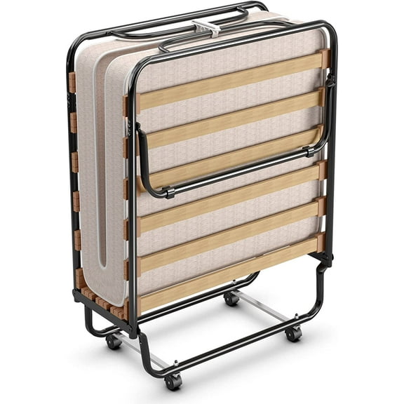 RELAX4LIFE Folding Bed with Mattress, Rollaway Portable Fold Up Guest Beds w/Metal Frame, Memory Foam Mattress for Small Space Apartment Home, 75’’ x 32’’ Cot Size, Foldable Bed for Adults (Beige)