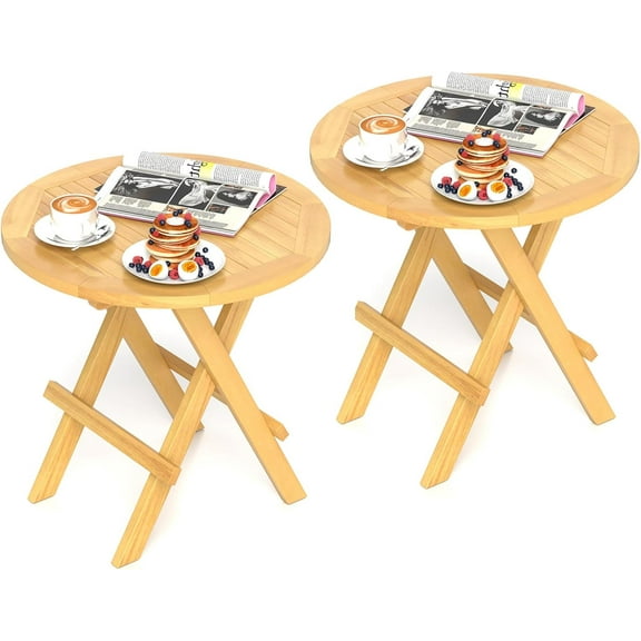 RELAX4LIFE Folding Outdoor Side Table - Set of 2 Teak Wood End Table, Round Coffee Bistro Table w/Slatted Tabletop, Portable Picnic Camp Table for Poolside Porch Garden, Foldable Small Patio Table