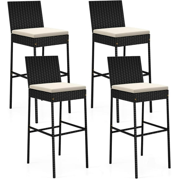 RELAX4LIFE Outdoor Bar Stools Set of 4 - Wicker Rattan Patio Barstools Tall Chairs w/Back, Footrest, Seat Cushions & Metal Frame, 400LBS Weight Capacity, 30’’ Counter Height Bar Stools (2, Black)