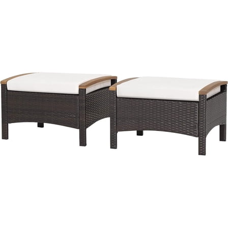 RELAX4LIFE Outdoor Wicker Ottomans for Patio - 2 Pieces PE Rattan Ottoman, Footrest Seat with Zippered Cushions, Acacia Wood Handles, 3-in-1 Footstool, Side Table for Poolside, Backyard ()
