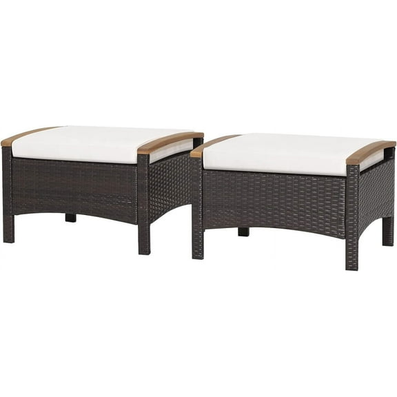 RELAX4LIFE Outdoor Wicker Ottomans for Patio - 2 Pieces PE Rattan Ottoman, Footrest Seat with Zippered Cushions, Acacia Wood Handles, 3-in-1 Footstool, Side Table for Poolside, Backyard ()