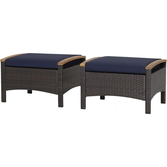 RELAX4LIFE Outdoor Wicker Ottomans for Patio - 2 Pieces PE Rattan Ottoman, Footrest Seat with Zippered Cushions, Acacia Wood Handles, 3-in-1 Footstool, Side Table for Poolside, Backyard (Navy)