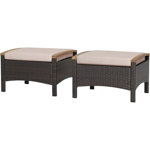 RELAX4LIFE Outdoor Wicker Ottomans for Patio - 2 Pieces PE Rattan Ottoman, Footrest Seat with Zippered Cushions, Acacia Wood Handles, 3-in-1 Footstool, Side Table for Poolside, Backyard (Brown)