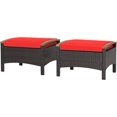 thumbnail image 1 of RELAX4LIFE Outdoor Wicker Ottomans for Patio - 2 Pieces PE Rattan Ottoman, Footrest Seat with Zippered Cushions, Acacia Wood Handles, 3-in-1 Footstool, Side Table for Poolside, Backyard (Red), 1 of 9