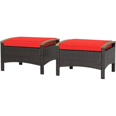 RELAX4LIFE Outdoor Wicker Ottomans for Patio - 2 Pieces PE Rattan Ottoman, Footrest Seat with Zippered Cushions, Acacia Wood Handles, 3-in-1 Footstool, Side Table for Poolside, Backyard (Red)