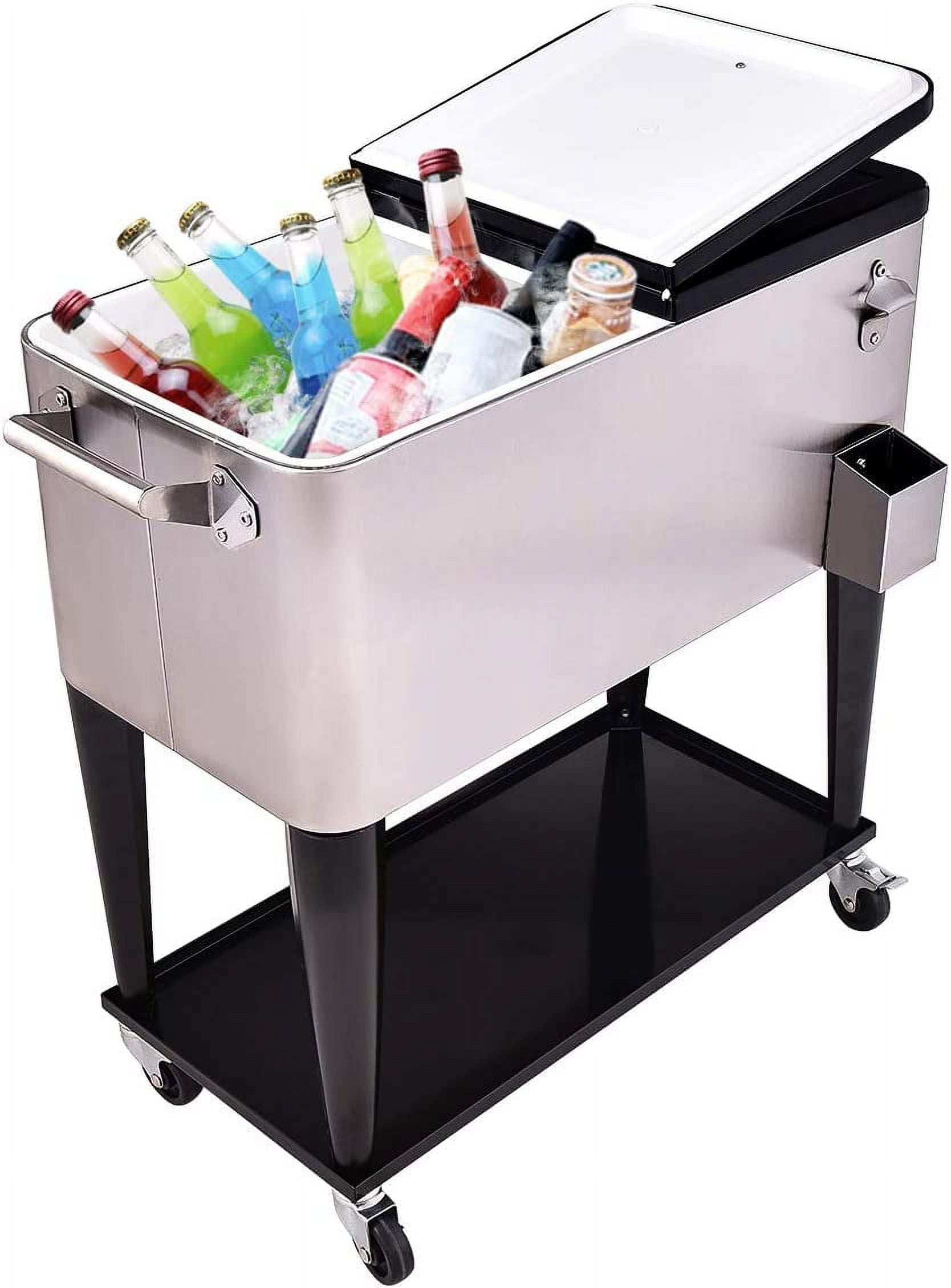 RELAX4LIFE Rolling Cooler 80 Quart Stainless Steel W/Shelf for Party,Picnic Outdoor Beverage Bar Portable Ice Chest