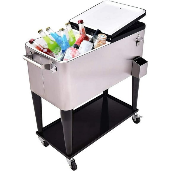 RELAX4LIFE Rolling Cooler 80 Quart Stainless Steel W/Shelf for Party,Picnic Outdoor Beverage Bar Portable Ice Chest