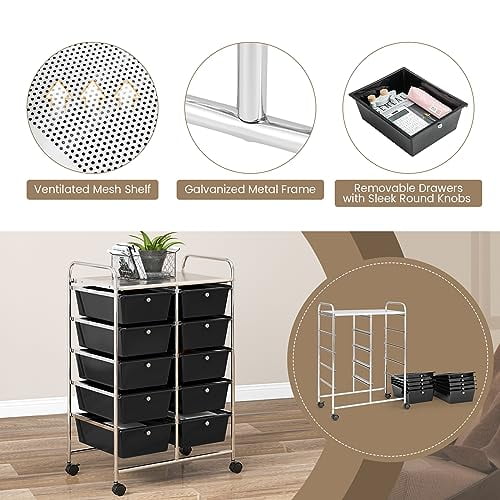 RELAX4LIFE Rolling Storage Cart with 10 Drawers - Craft Storage Cart with Lockable Wheels,Utility Cart, Art Cart Organizer for Crafting Storage, Studio, Office, Home, School Rollin