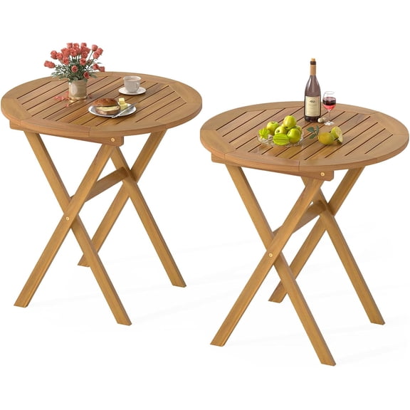 RELAX4LIFE Round Outdoor Folding Table - 26’’ Acacia Wood Patio Bistro Table w/Slatted Tabletop for Indoor Outside Dining Camping, Portable Foldable Wooden Furniture for Garden Backyard Porch (2)