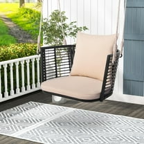 RELAX4LIFE Single Outdoor Porch Swing - Hanging Swing w/Cushions, Rattan Backrest, Metal Frame, 2 Ropes, Max 400 LBS Load, Swinging Seat for Balcony Backyard Garden, 1-Person Patio Swing Chair (Beige)