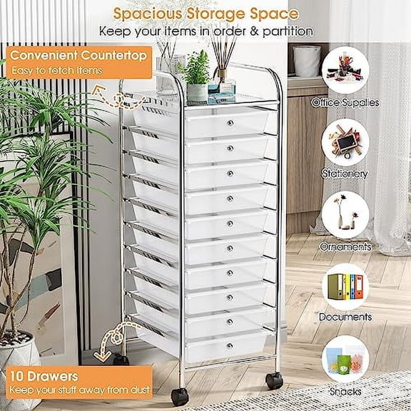 RELAX4LIFE Storage Cart W/10 Drawers,Rolling Wheels Semi-Transparent Multipurpose Mobile Cart for School, Office, Home, Beauty Salon Files Arrangement Storage Organizer Cart (Clear