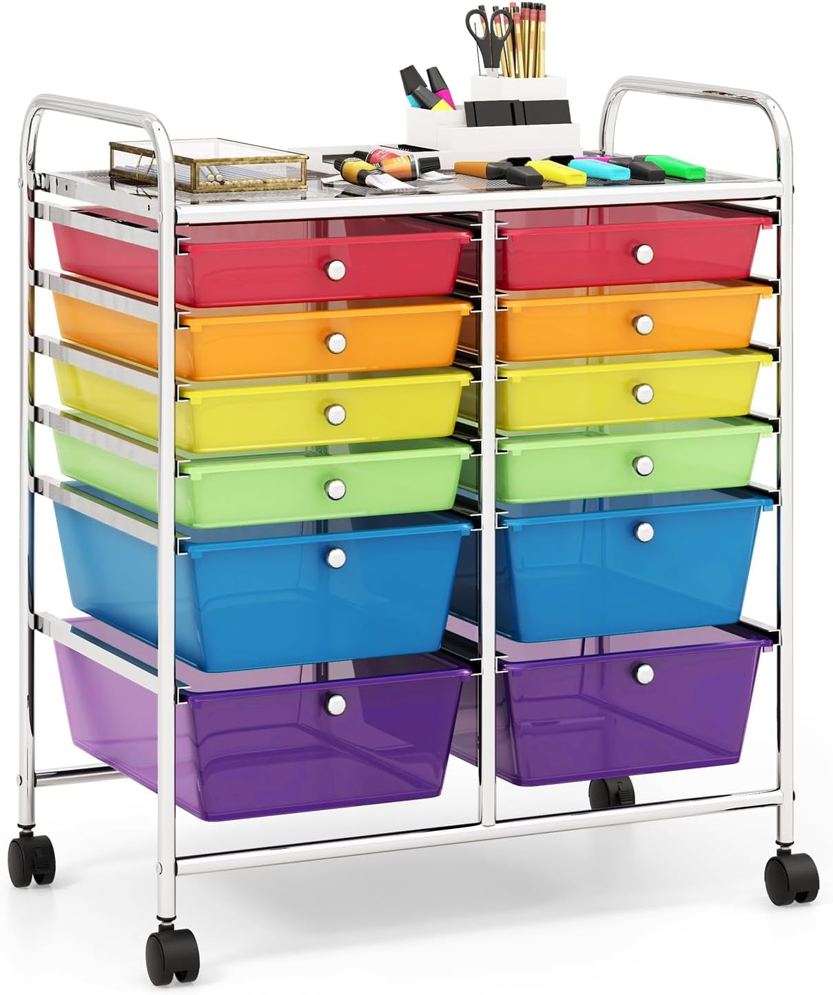 Multicolor 12-Drawer Rolling Storage Cart with Chrome Frame
