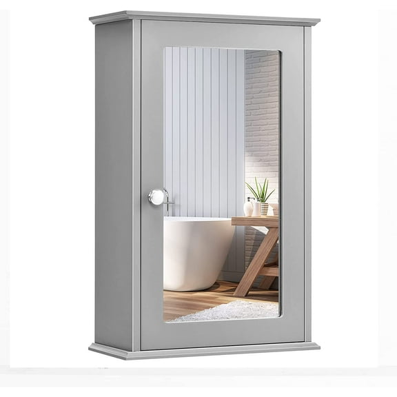 RELAX4LIFE Wall Mounted Bathroom Cabinet, 2-in-1 Mirror Medicine Cabinet w/ 3 Heights Adjustable Shelf & Reversible Single Mirror Door, Storage Cabinet Over-The-Toilet Storage Organizer (Gray)