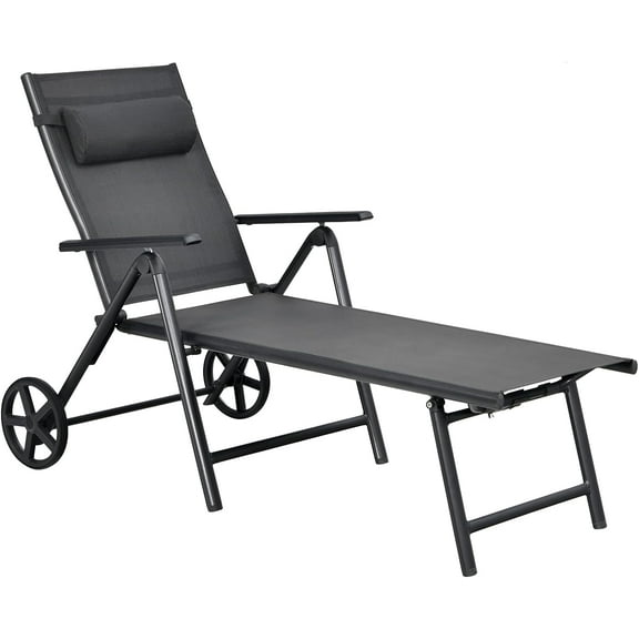 RELAX4LIFE with Wheels - Aluminum Chaise Lounge w/7 Adjustable Backrest Positions & Removable Pillow, Outdoor Patio Furniture for Porch, Lawn, Easy Assembly Beach Chair (1)