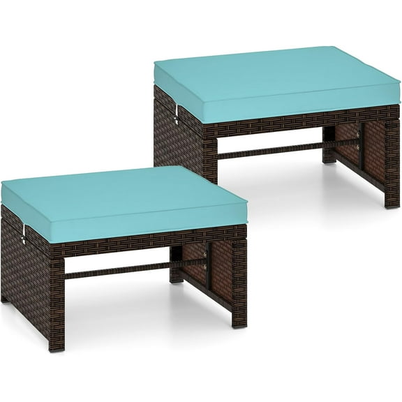 RELAX4LIFE Wicker Outdoor Ottoman Set of 2 - Rattan Footstools Foot Rest w/Removable Cushions, Multipurpose Side Table & Additional Seating, Outdoor Ottomans for Patio Garden Porch (Brown-Turquoise)