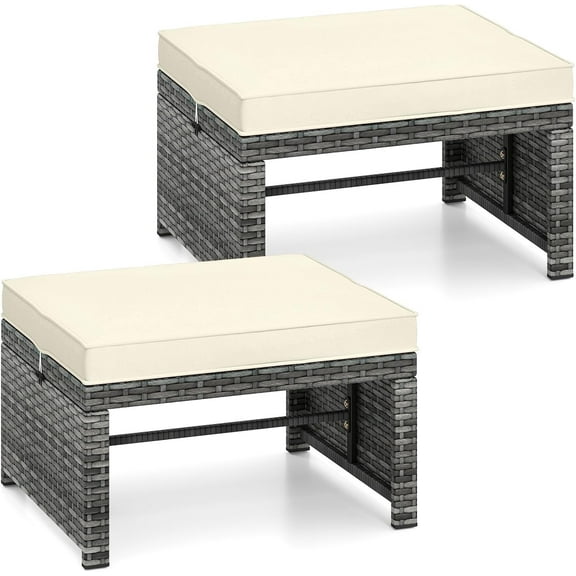 RELAX4LIFE Wicker Outdoor Ottoman Set of 2 - Rattan Footstools Foot Rest w/Removable Cushions, Multipurpose Side Table & Additional Seating, Outdoor Ottomans for Patio Garden Porch (Grey-Off White)