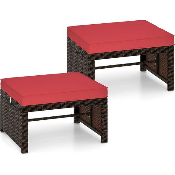 RELAX4LIFE Wicker Outdoor Ottoman Set - Rattan Footstools Foot Rest w/Removable Cushions, Multipurpose Side Table & Additional Seating, Outdoor Ottomans for Patio Garden Porch