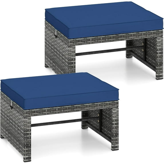 RELAX4LIFE Wicker Outdoor Ottoman Set - Rattan Footstools Foot Rest w/Removable Cushions, Multipurpose Side Table & Additional Seating, Outdoor Ottomans for Patio Garden Porch