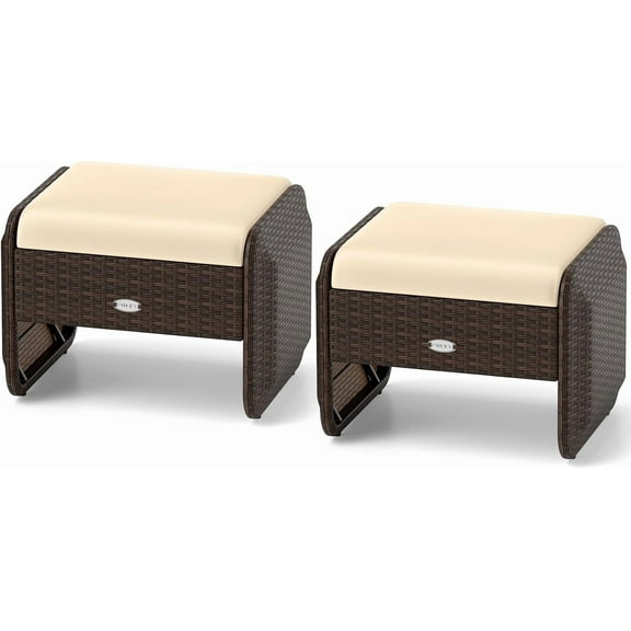 RELAX4LIFE Wicker Outdoor Ottomans for Patio-2-Piece Rattan Footstools w/Removable Cushions, 3-In-1 Multipurpose Footrest, Additional Seating & Side Table for Balcony, Set of 2 Patio Ottoman (Beige)