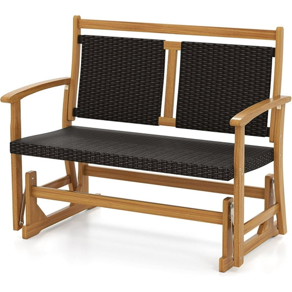 RELAX4LIFE Wooden Outdoor Glider Bench - 2-Person Wicker Rattan Swing Gliding Rocker Chair w/Acacia Wood Armrests, Wicker Back & Seat, Rocking Patio Loveseat for Porch Backyard Pool Garden (45.5'')