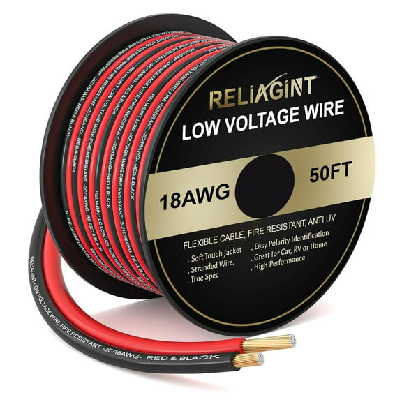 RELIAGINT 18 Guage 50FT CCA Electric Wire for Low Voltage Applications, LED, RV, Audio and Various Use, Red and Black Flexible Cable 2C/18AWG