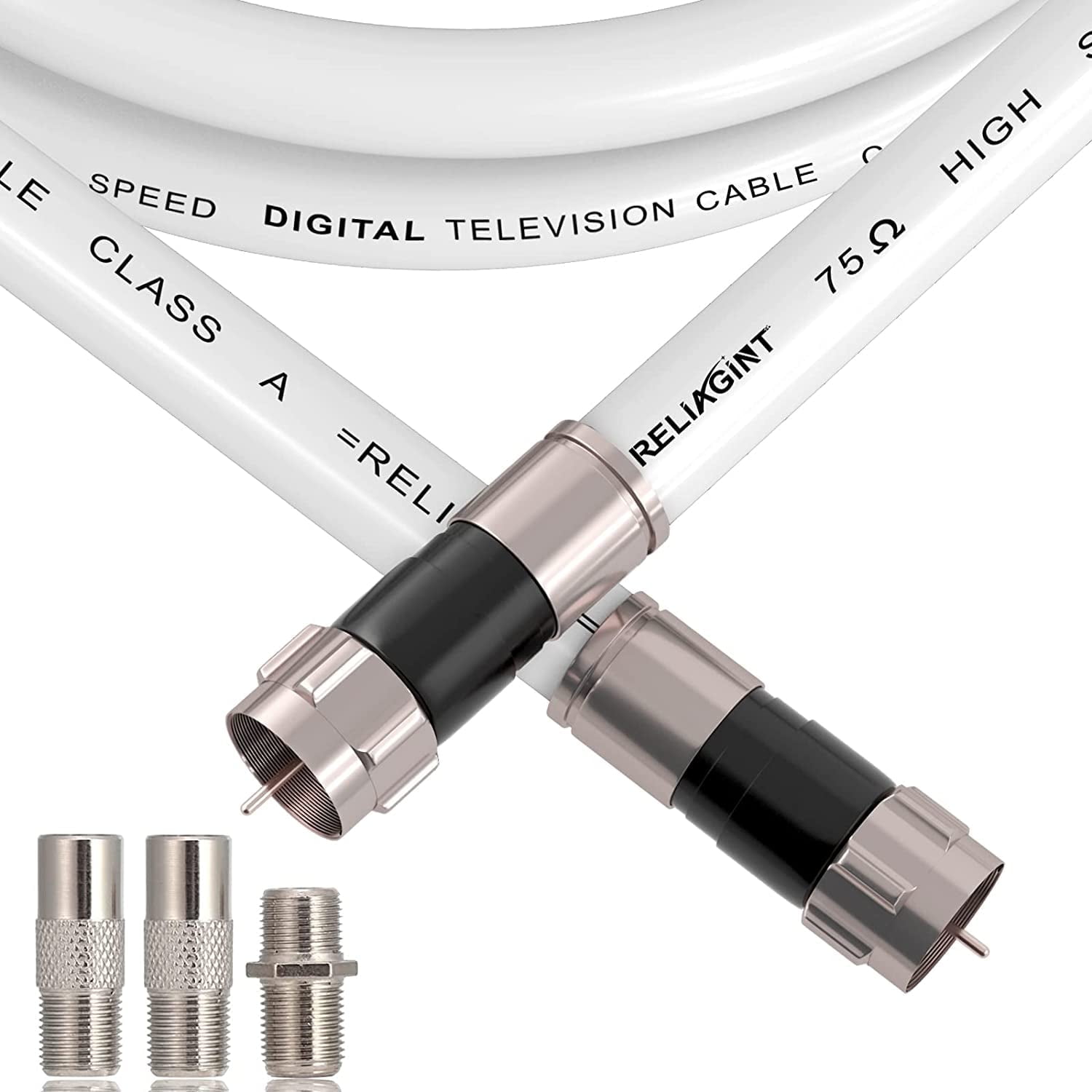 RELIAGINT RG6 Coaxial Cable 6 ft, 75 Ohm TV Antenna and Satellite Cable with F Connectors, F81 Coupler and TV Adapters Included, White