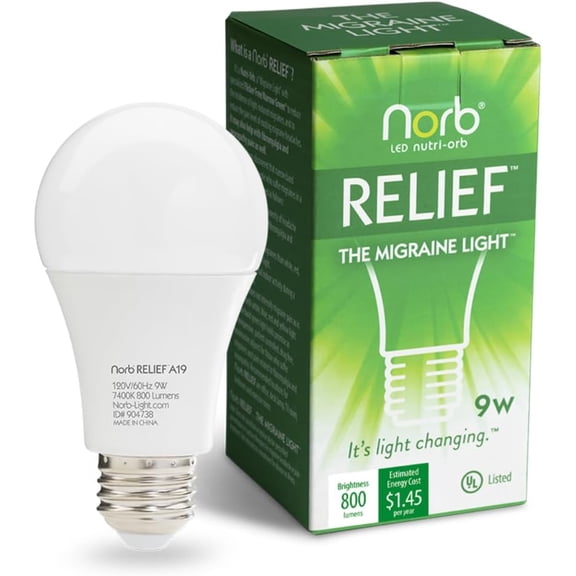RELIEF Green Light Therapy Migraine Relief Light Bulb, Research Proven Non-Drug Support for Migraine Pain. Patented in USA, LED Light for Migraine, Headache, Pain Relief. Pure Green Light (1-Pack)