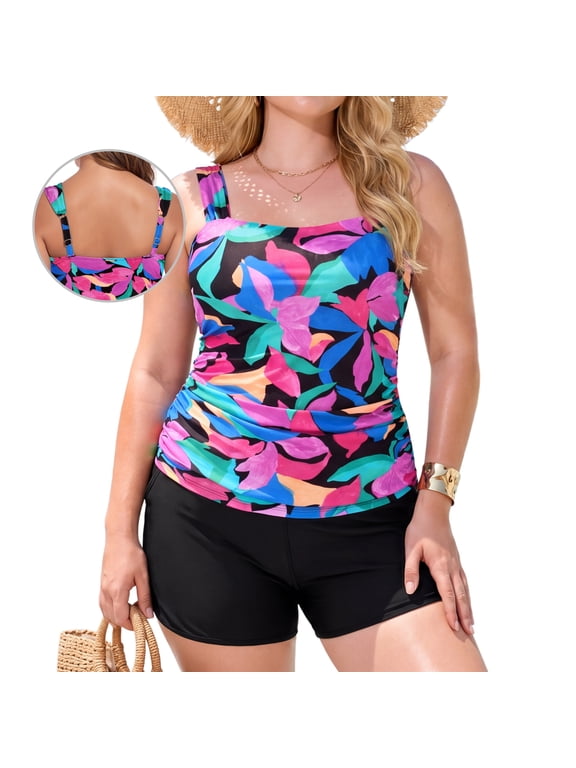 Plus Size Womens Tankini Swimsuit Bandeau Ruched 2 Piece Bathing Suit Modest Swimwear