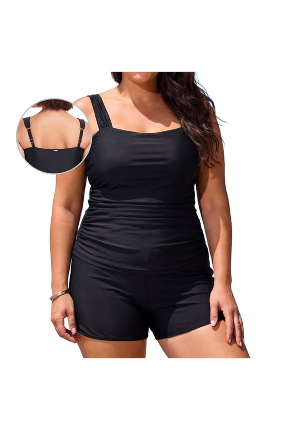 Plus Size Womens Tankini Swimsuit Bandeau Ruched 2 Piece Bathing Suit Modest Swimwear