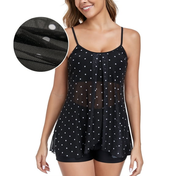 RELLECIGA Women's Adjustable Straps Mesh Tankini Swimsuit 2 piece Bathing Suits Plus Size Swimwear with Swim Shorts