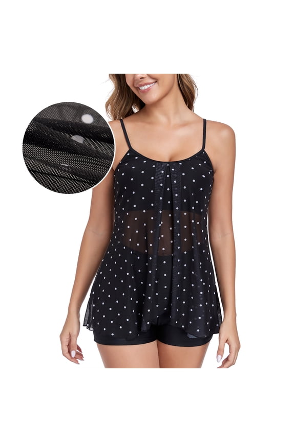 Women's Adjustable Straps Mesh Tankini Swimsuit 2 piece Bathing Suits Plus Size Swimwear with Swim Shorts