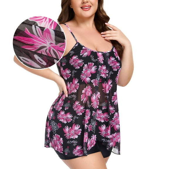 RELLECIGA Women's Adjustable Straps Mesh Tankini Swimsuit 2 piece Bathing Suits Plus Size Swimwear with Swim Shorts