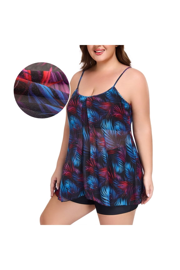 Women's Adjustable Straps Mesh Tankini Swimsuit 2 piece Bathing Suits Plus Size Swimwear with Swim Shorts