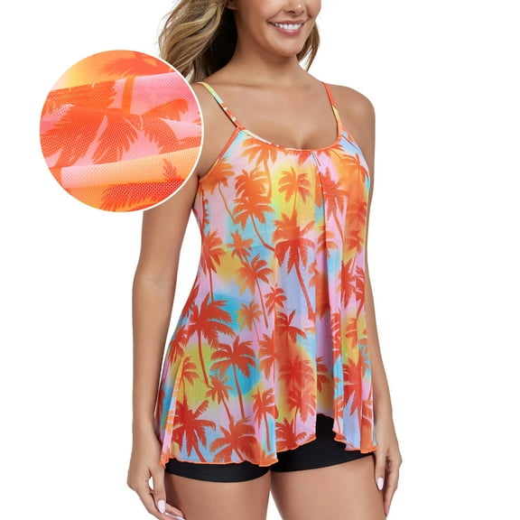 RELLECIGA Women's Adjustable Straps Mesh Tankini Swimsuit 2 piece Bathing Suits Plus Size Swimwear with Swim Shorts