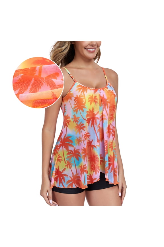 Women's Adjustable Straps Mesh Tankini Swimsuit 2 piece Bathing Suits Plus Size Swimwear with Swim Shorts