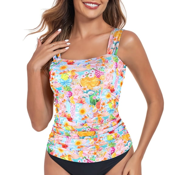RELLECIGA Women's Bandeau Ruched Tankini Top Swimsuits Modest Bathing Suits