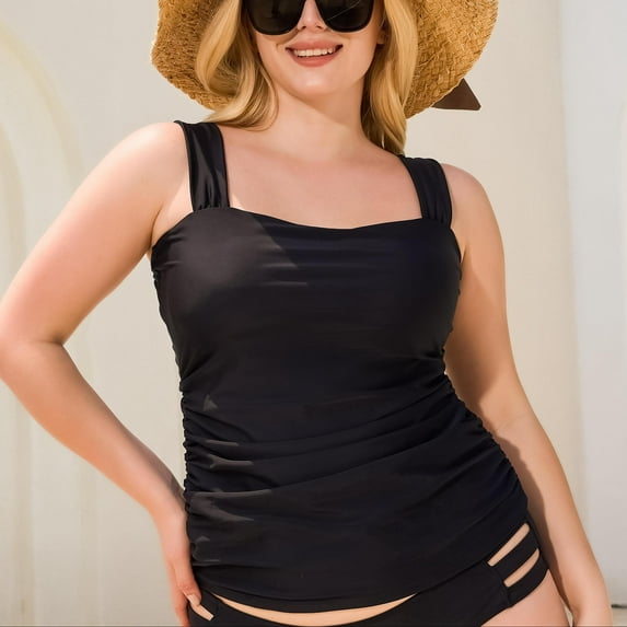 RELLECIGA Women's Bandeau Ruched Tankini Top Swimsuits Modest Bathing Suits